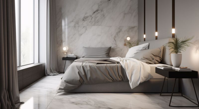 interieur de chambre de luxe avec des murs blancs un sol en marbre carrelage grand format 120x240 un lit king size confortable et une table basse ronde