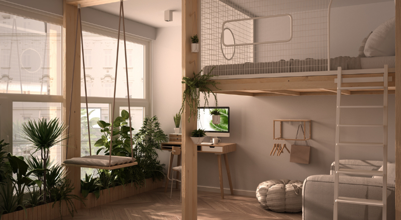 studio minimaliste avec mezzanine superpose lit double bureau canape et plante