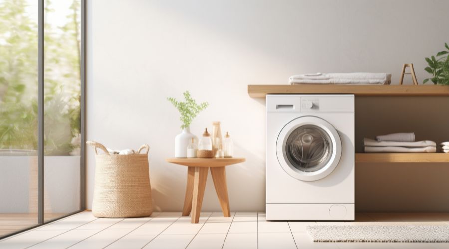  buanderie moderne avec plan de travail en bois fixee sur une machine a laver 