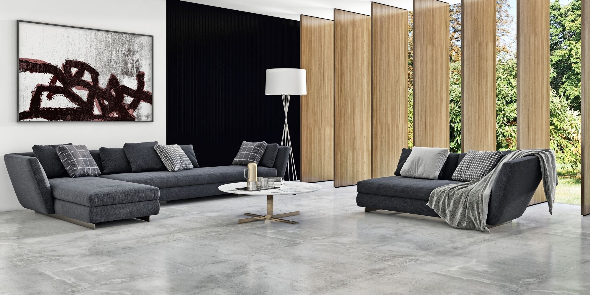 salon avec un carrelage en grès cérame