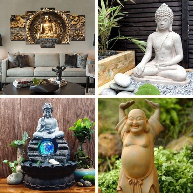 différents bouddhas dans une déco asiatique