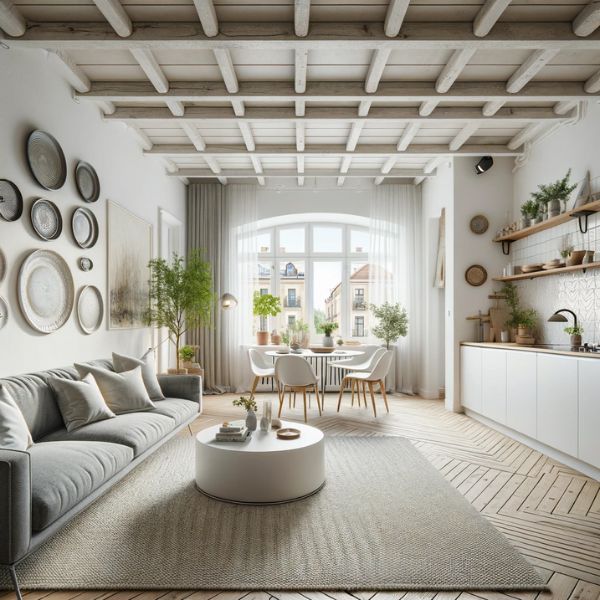 canapé long dans un salon rectangulaire