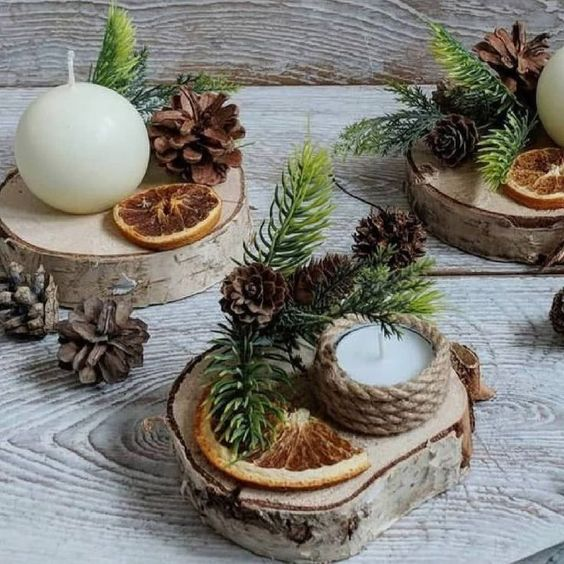 centre de table déco de noël en rondins de bois