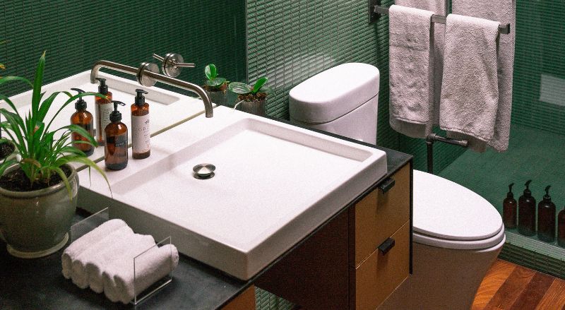 une deco de petite salle de bain travaillee avec plantes carrelage mural jolies bouteilles de savon 