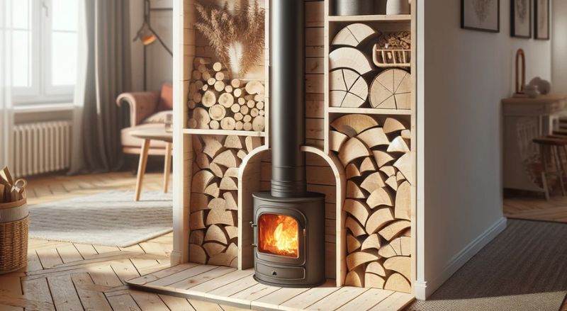 espace autour du poele utilise pour stocker le bois et habiller le conduit
