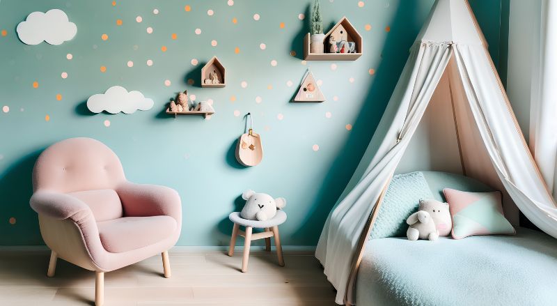 chambre d enfant avec murs peints en bleu turquoise lit tente fauteuil rose et stickers muraux en forme de pois 
