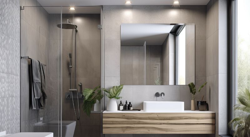 salle de bain rectangulaire grise et carrelage en losange moderne une grande douche avec une barre en verre des wc suspendus et un meuble sous vasque sur mesure encastre
