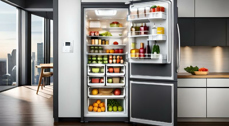 dans un interieur d appartement moderne un refrigerateur de luxe ouvert rempli de nombreux types d aliments et de boissons attention un appareil trop plein peut se mettre a sonner tout le temps 