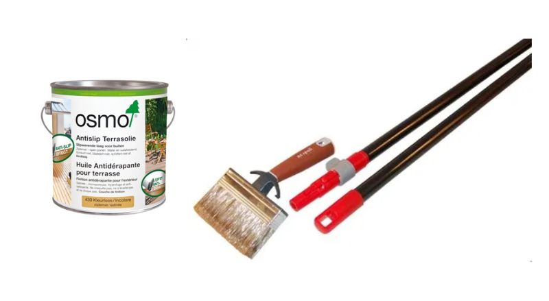 Huile antidérapante pour terrasse en bois avec une brosse et une perche