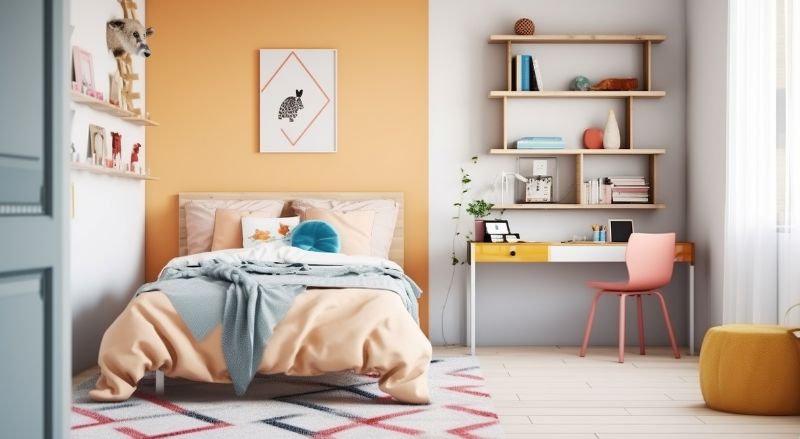 chambre d 'enfant moderne avec lit bureau et etageres