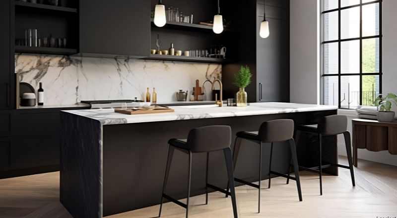cuisine noire sans poignees avec ilot central et marbre en credence