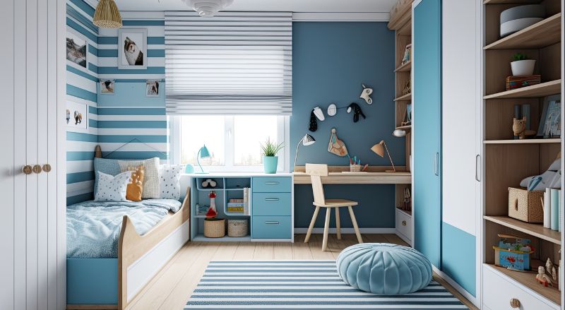 chambre pour enfant blanche et bleu avec une armoire a caisson tout contre le bureau pour organiser ses affaires scolaires