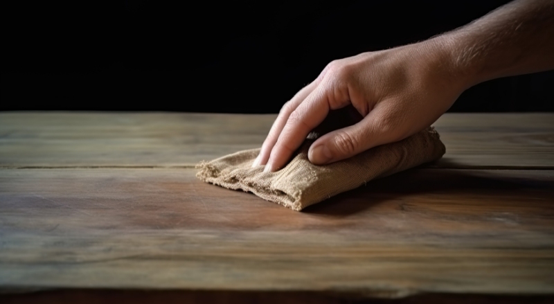 personne qui nettoie une tache sur un parquet avec un chiffon