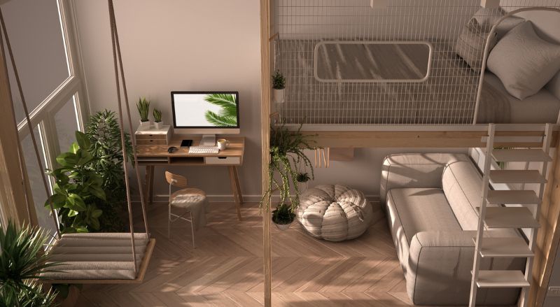 optimisation reussi d un studio de 30 m2 avec lit double superposé en mezzanine, canape en dessous, bureau ordinateur fenêtres plantes en pot et balancoire le tout dans un design d interieur blanc et bois
