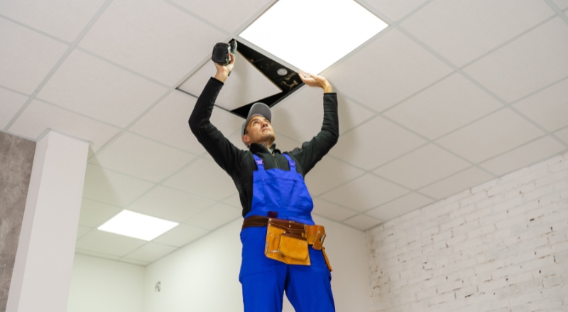 personne qui installe un plafond suspendu