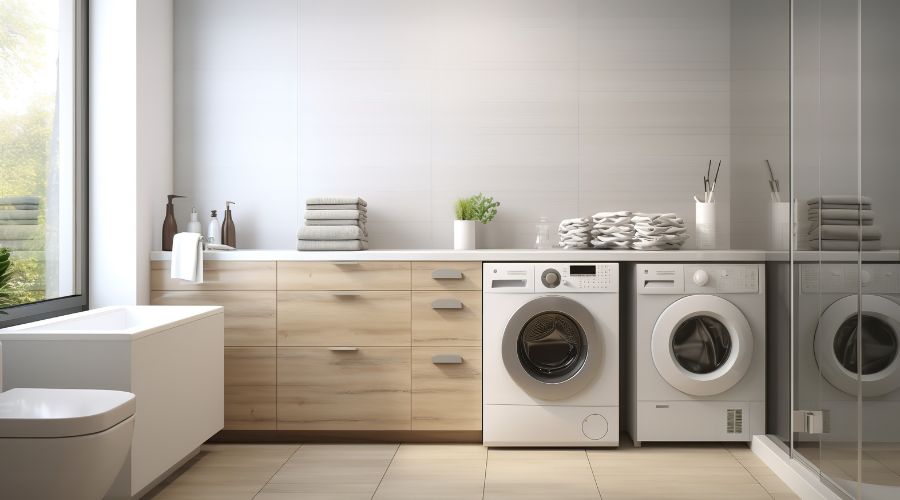salle de bain moderne et efficace avec plan de travail sur machine a laver et seche linge