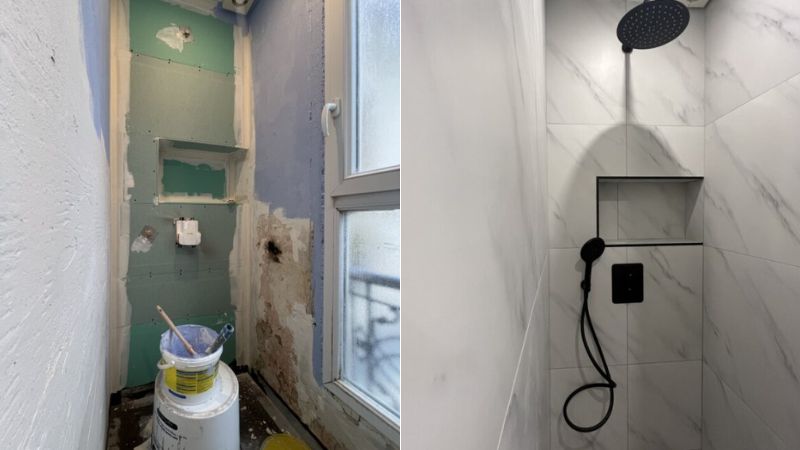 photos avant après pose d une douche italienne avec revetement marbre blanc