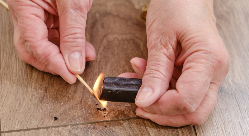 gros plan sur l application de cire fondue pour combler un petit trou sur un parquet