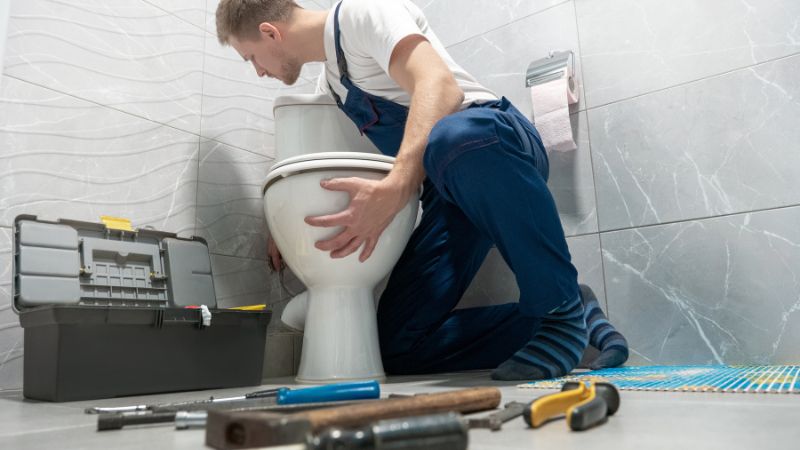 plombier reparant une fuite de wc avec ses outils en avant plan